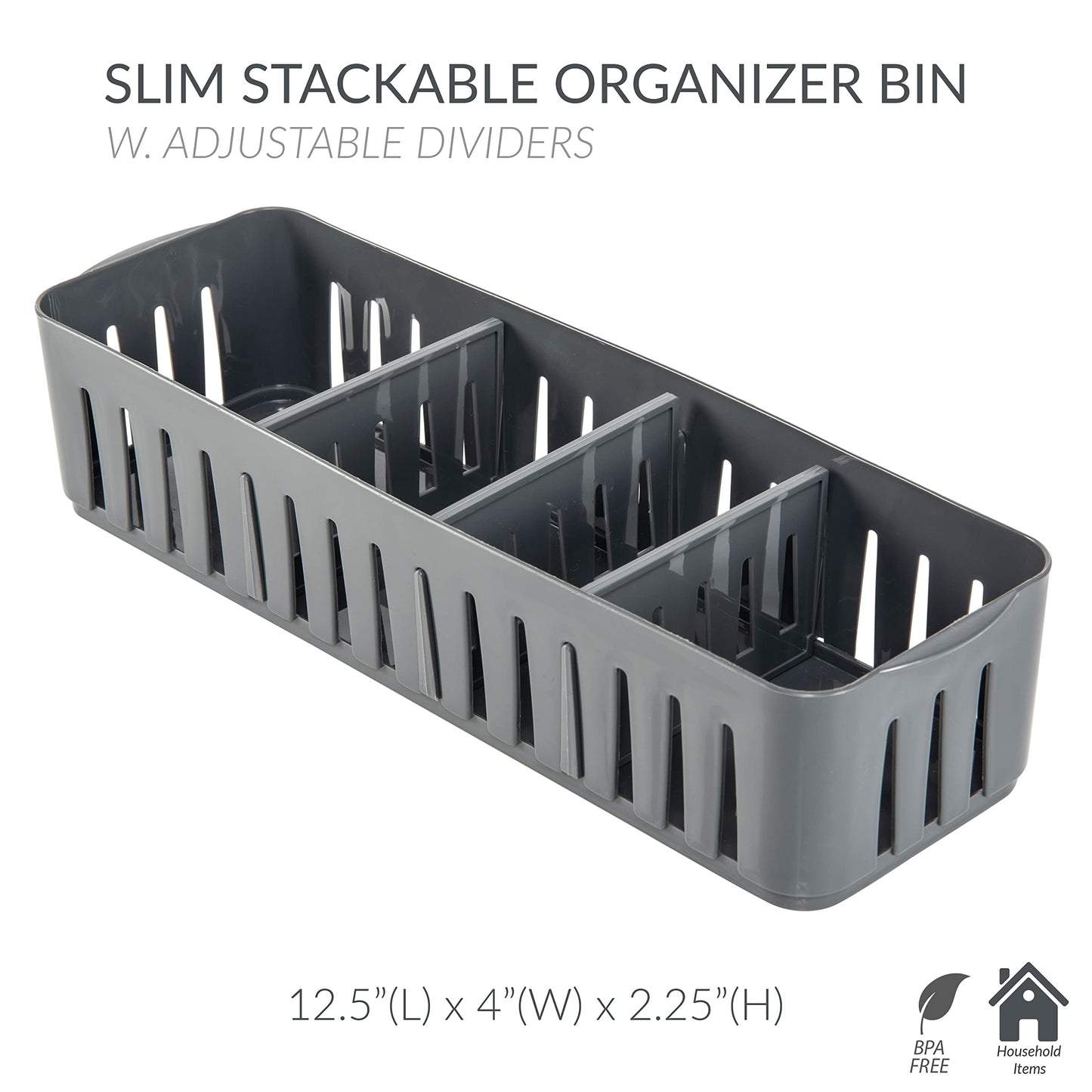 Simplify 2 Pack 4 Compartment Stackable Bin with Adjustable Dividers | Drawer Organizer | Storage