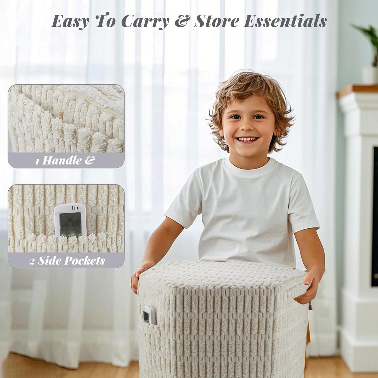 Hexagon Pouf Ottoman Stuffed with 2 Pockets & Handle, Comfort Corduroy Poufs, Non-Slip Foot Stool Storage Ottoman, Foam Floor Poufs Foot Rest for Couch, Bedroom (Beige)