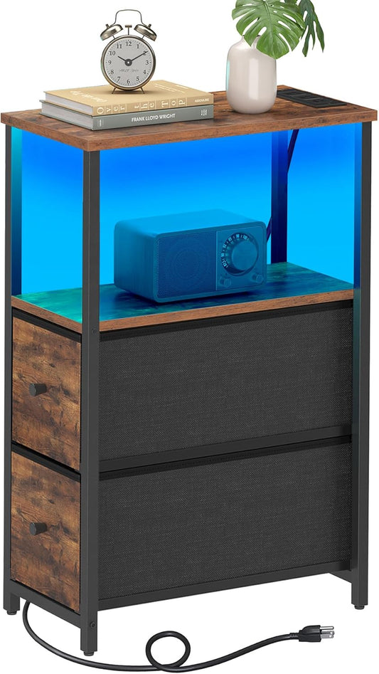 TUTOTAK Small Narrow LED End Table with Charging Station, Side Table Outlets, Nightstand with 2
