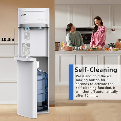 IKT Self-Cleaning Hot Cold and Room Water Cooler Dispenser and Maker Bottom Loading for 5 Gallon Bottle with Energy Saving Mode 22lbs Within 24hrs White