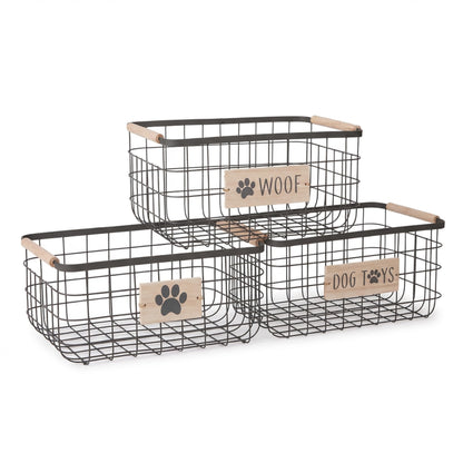 RGI Home Dog Toy Storage Baskets – Set of 3 Rectangular Metal Organizer Bins for Pet and Household