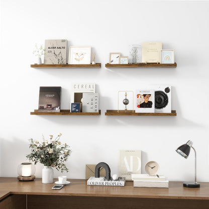 Picture Ledge Shelf, Wood Floating Shelves Set of 4, 24 inch Picture Ledge Shelves, Photo Ledge Nursery Book Shelves Wall Mounted for Living Room Kids' Room Bedroom, Color Walnut