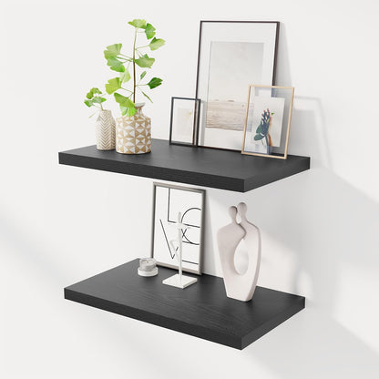 24" Floating Shelves for Wall, 12" Deep Slim Black Floating Shelves, Wall-Mounted Shelves for Bedroom, Living Room, Kitchen, Bathroom - Set of 2