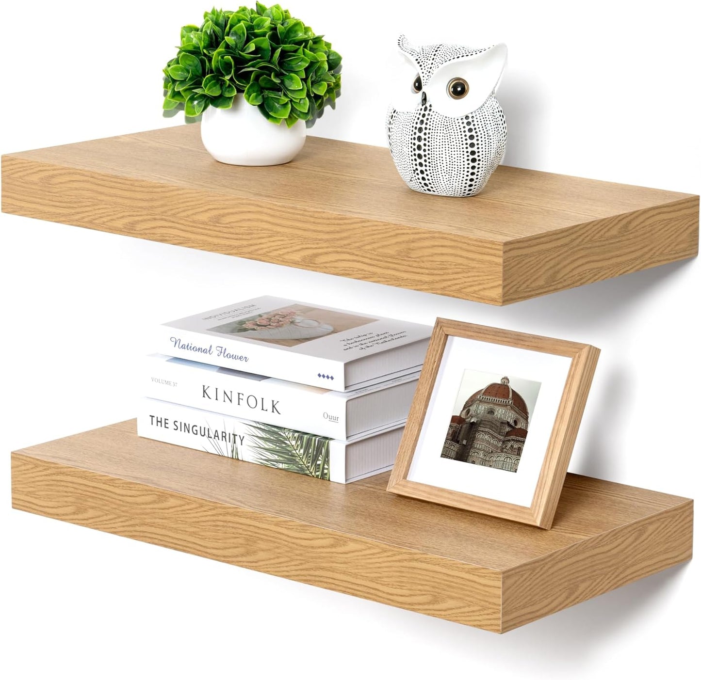 Deep Floating Shelves, 12 Inch Deep Rustic Floating Shelves Set of 2, 24 Inch Large Oak Wood Wall Mounted Shelves for Books Living Room Laundry Room Bedroom Kitchen Home Office - Oak