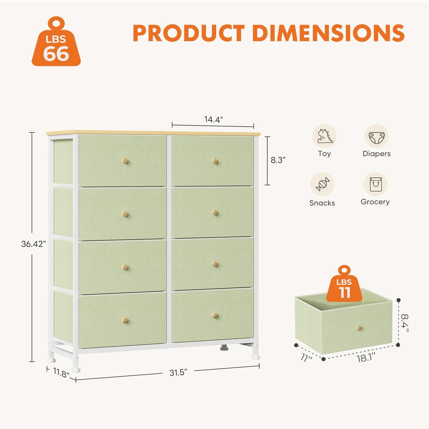 Sweetcrispy 8 Drawer Fabric Dresser, Tall Storage Tower for Bedroom