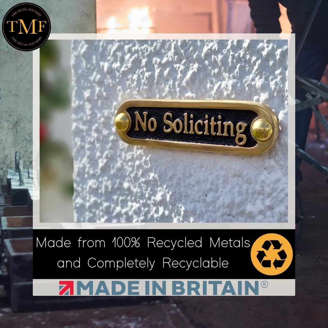 No Soliciting Brass Door Sign. Traditional Style Home Décor Wall Plaque Handmade By The Metal Foundry UK.
