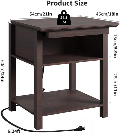 Rresyet Sliding Side Table Set of 2 with Charging Station & 2-Tier Storage,Farmhouse End Table, Wooden Nightstand for Bedroom & Living Room,Cherry