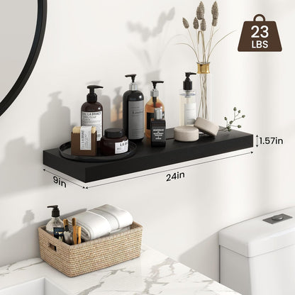 Heimlove 24 inch Floating Shelves for Wall,9.3 inch deep Black Wood Shelves with Invisible Brackets,Wall Mounted Storage & Display Shelves for Bedroom,Living Room,Set of 2