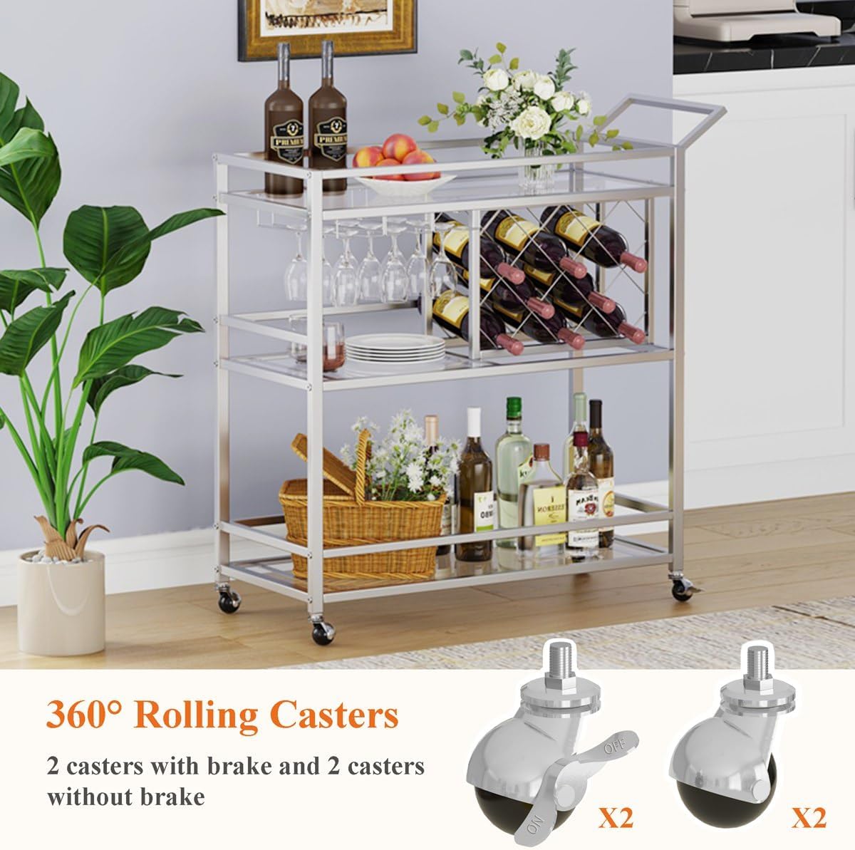 FATORRI Bar Cart Silver, Bar Carts for The Home, Home Bar Serving Carts for Liquor, Rolling Wine Cart with 3 Tier Mirrored Shelves on Wheels for Alcohol and Beverage (Silver)