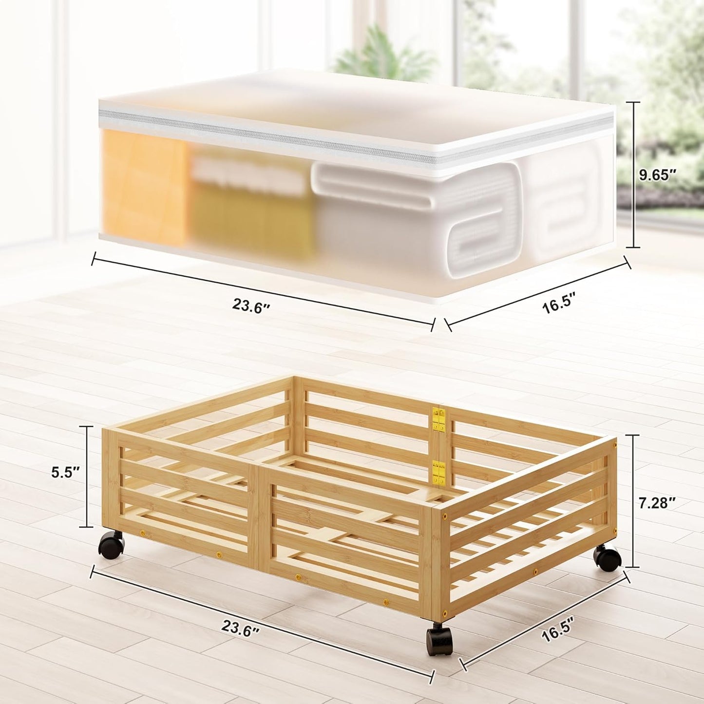 Under Bed Storage with Wheels-Large Bamboo Underbed storage Containers with Large Dust Bag Stackable Under the Bed Shoe Storage Bins for Clothes Books Bedding (2 Packs Nature, 23.62"L×16.54"W× 6.51"H)