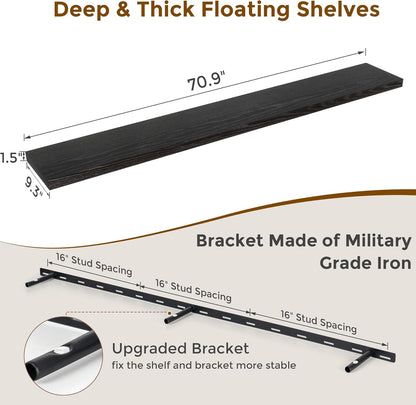 72 Inch Floating Shelves Black, 72 x 9 Rustic Wooden Fireplace Mantel, 9 Inch Floating Shelf for Wall, Farmhouse Wall Shelves for Home Storage & Display
