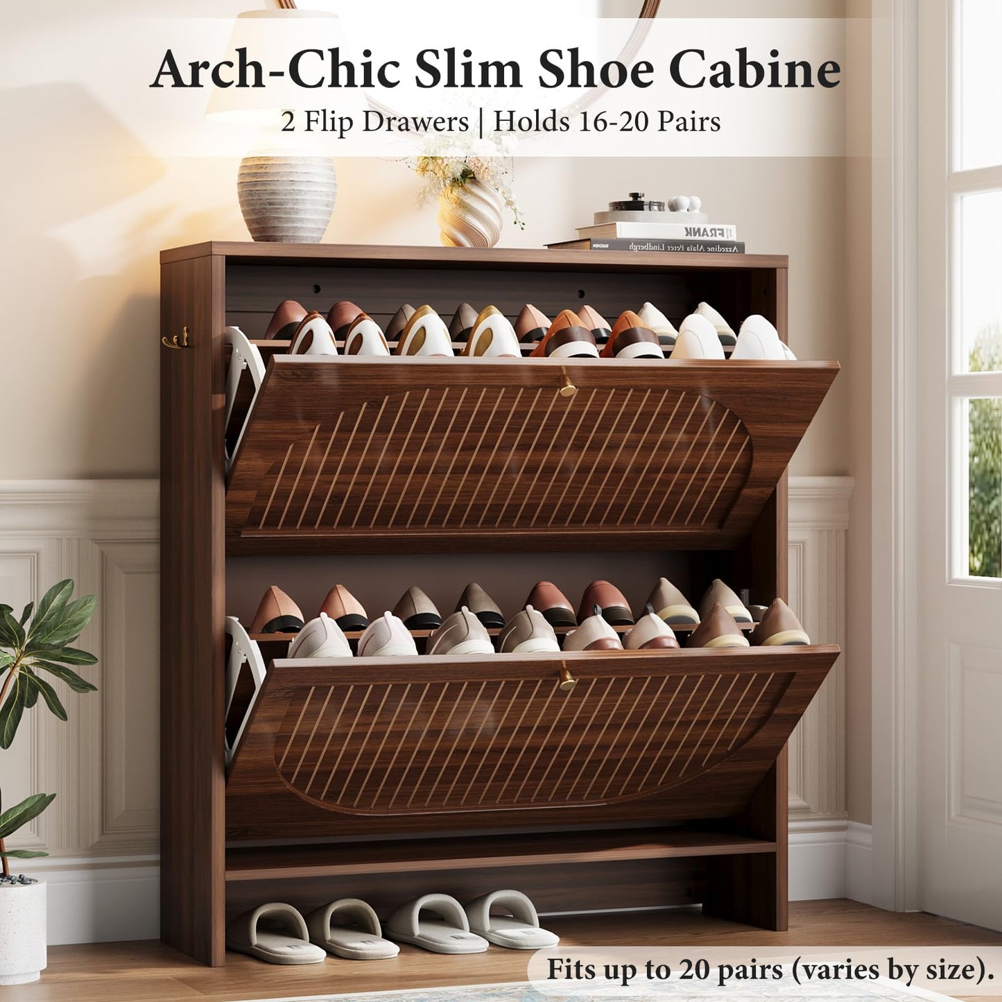Nicetree Arch-Chic Shoe Cabinet for Entryway, Modern Mid-Century Shoe Storage Cabinet with Fluted