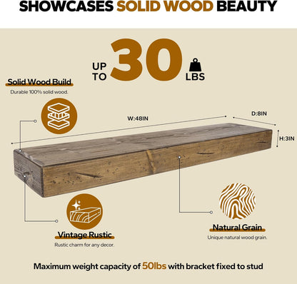 Floating Shelves 3 inch Thick for Wall Set of 2,Solid Pine Wood Wall Mount Shelf for Kitchen Living Room Bedroom Bathroom,8" D x 48" L x 3" H-Distressed Black Walnut