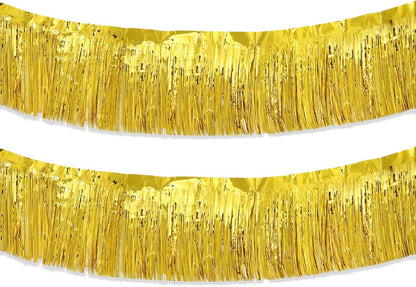 Gold Foil Fringe Garland 10FT 2packs, Metallic Foil Tinsel Fringe Banners for Parade Float Decorations Wedding, Birthday Party Graduation (Two Gold)