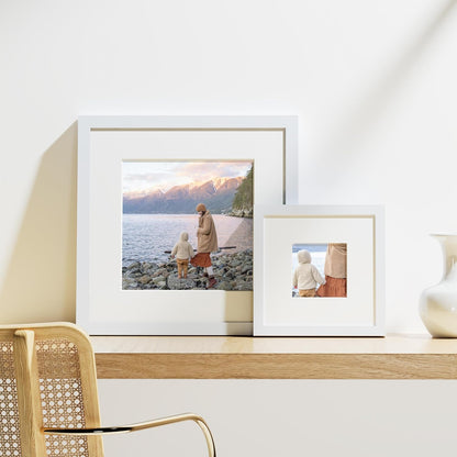 Vittanly 8x8 Picture Frames Set of 9, Shatter Resistant Plexiglass, Display 4x4 Pictures with Mat or 8x8 without Mat, Photo Frames for Wall Mount, Engineered Wood, White