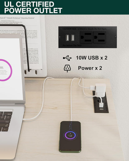 Frylr Small Folding Computer Desk – 55.1 Inch Portable Table for Craft and Study, Lightweight Desk for Small Spaces, Foldable Laptop Table Built-in AC/USB Outlets for Convenience, White Ash