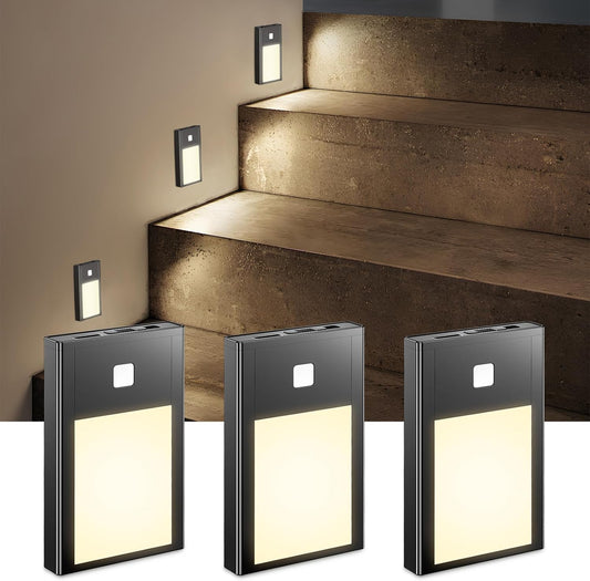 VST Motion Sensor Night Light, Rechargeable Battery Powered Led Light with Magnetic Suck Installation for Bedroom Hallway Stair Nursery Kids Room (2.68 inch 3000K 3Pack Black)