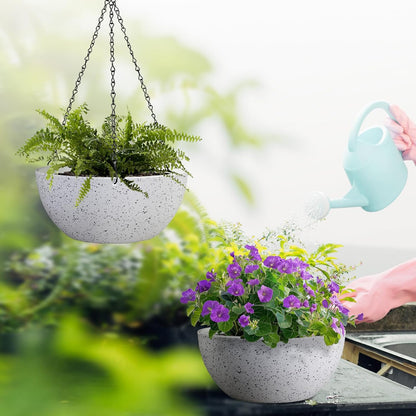 10 inch Hanging Planters for Outdoor Indoor Plants with Drainage Holes and Chain, 2 Pack Round Hanging Flower Plant Pots for Garden Home Porch Decor, Speckled White