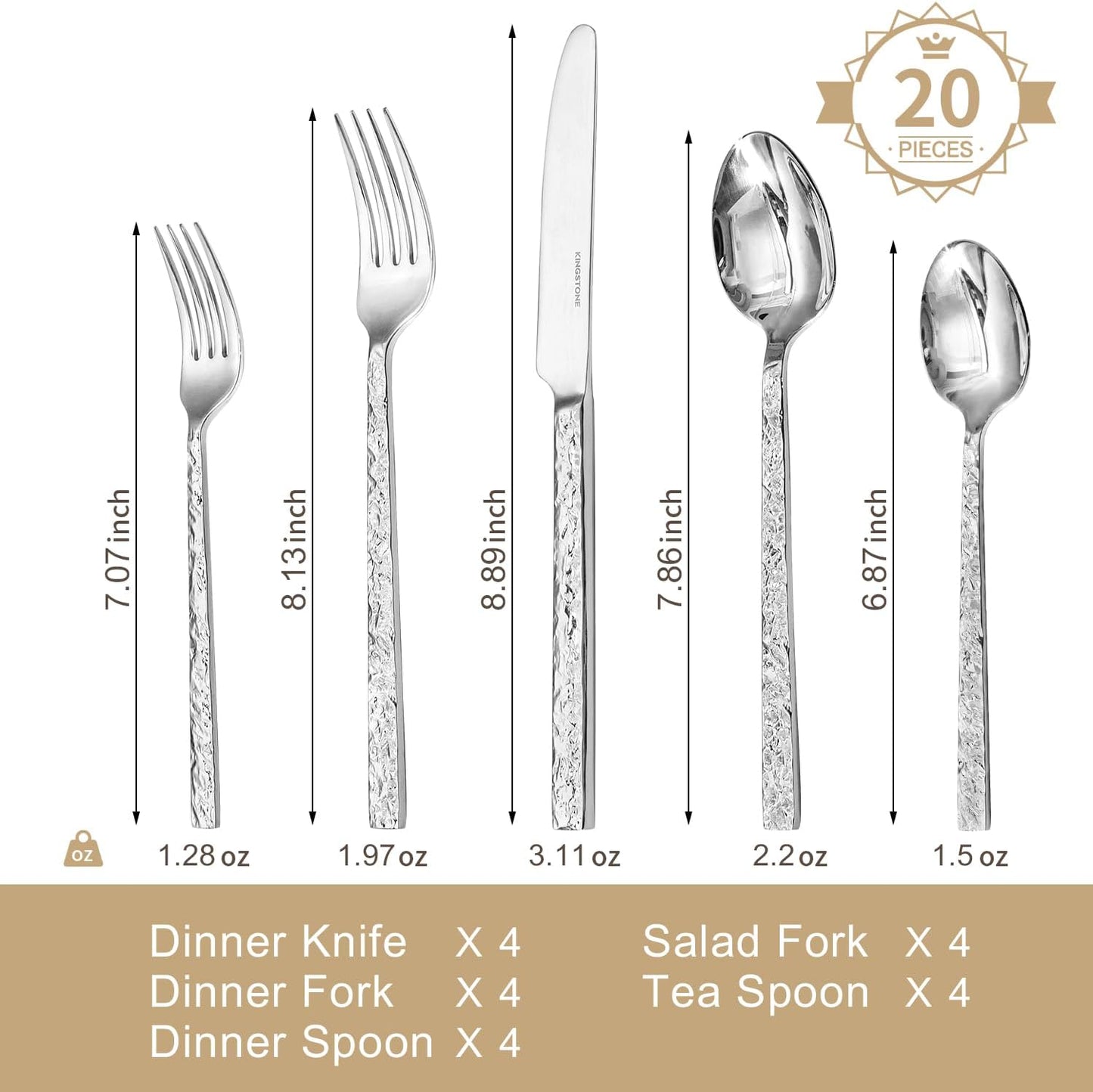 KINGSTONE 20 Pcs Hammered Silverware Set for 4, 18/10 Stainless Steel Heavy Duty Flatware Set, Tableware Cutlery Utensil Sets for Home Restaurant Dishwasher Safe