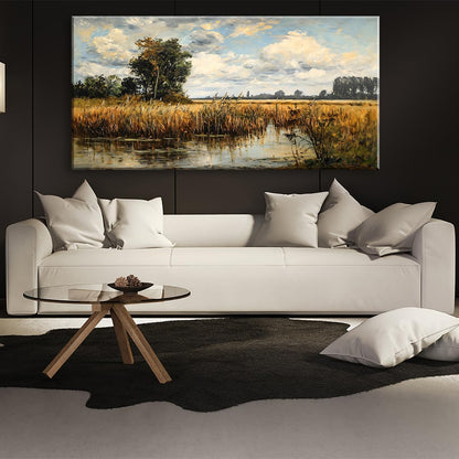 LASMOND Beautiful Wilderness Meadow Canvas Wall Art Oil Painting Reproduction Print Vintage Wildflower Field Scenery Countryside Landscape Tree Rustic Retro Decor Artwork Country Farmhouse Living Room 58x28 Inches