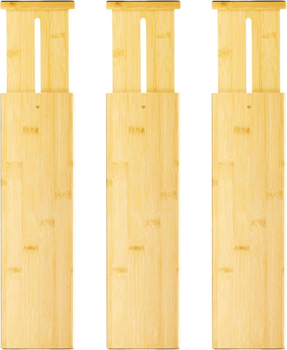 VaeFae 3 Pack Bamboo Drawer Dividers, 4" High Adjustable 16.6" - 21.8" Clothes Drawer Organizers, Expandable Separators for Bedroom/Bathroom/Kitchen/Office Storage
