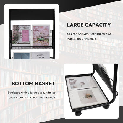 Floor-Standing Magazine Rack 4-Layer with Wheels, Brochure Display Stand for Exhibitions, Office, and Any Organization Requiring Information Display