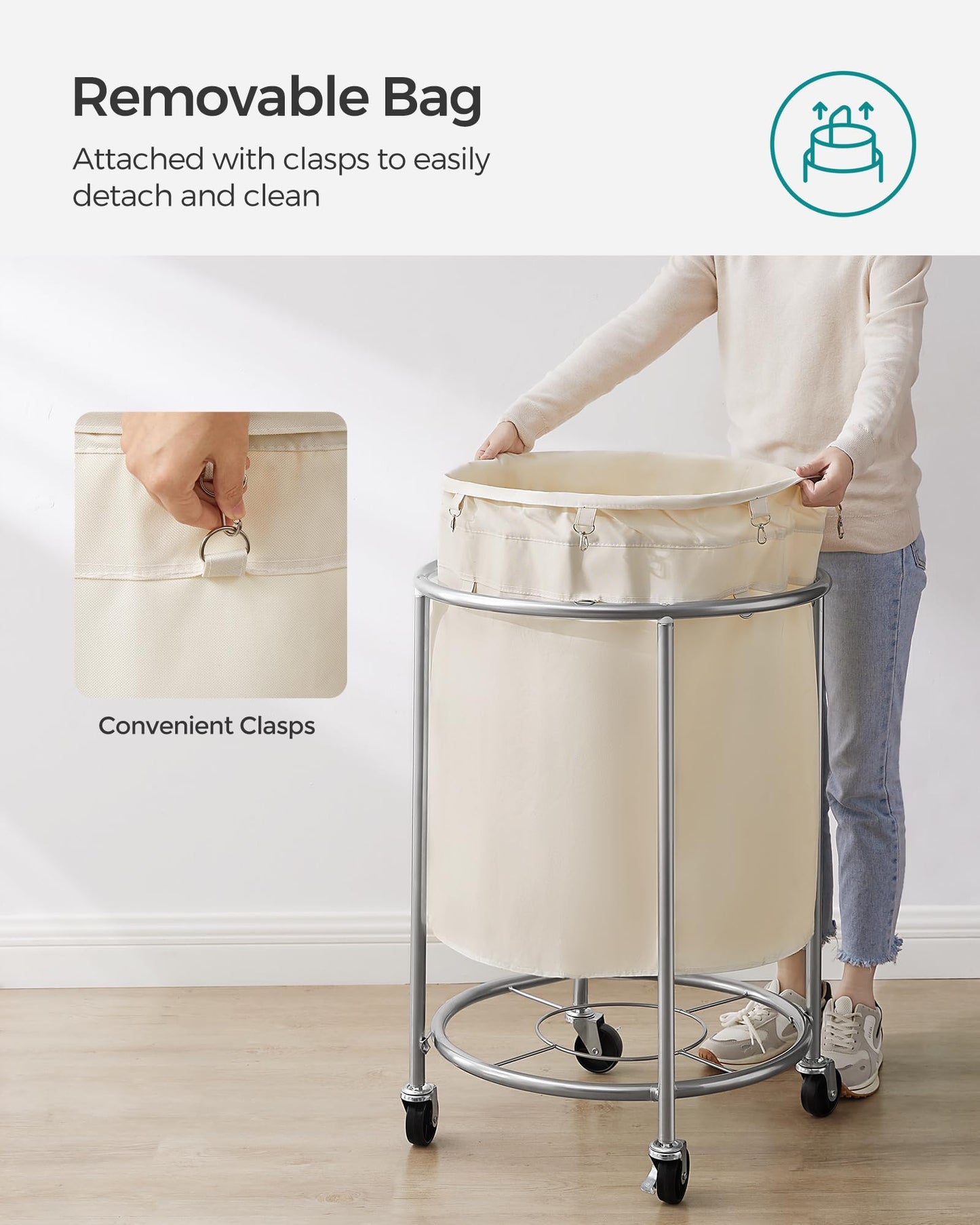 SONGMICS Laundry Basket, Rolling Steel Frame with 2 Locking Wheels, 190 L