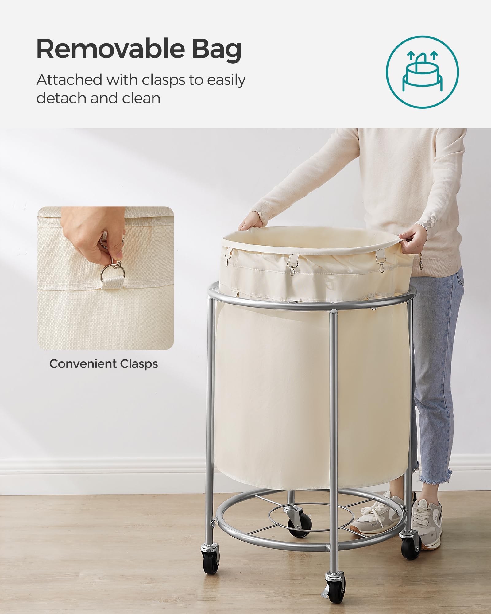 SONGMICS Laundry Basket, Rolling Steel Frame with 2 Locking Wheels, 190 L