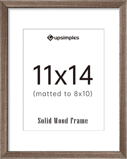upsimples 11x14 Picture Frame, Natural Solid Wooden Picture Frames, Display 8x10 with Mat or 11 x 14 Without, Vertical or Horizontal Wall Hanging, 1 Pack, Brown