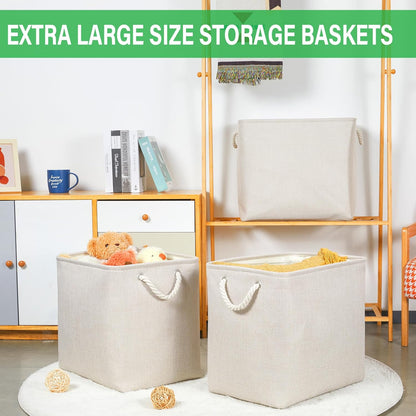 Bidtakay Extra Large Storage Baskets for Organizing Clothes Storage Bins 3 Pack Fabric Storage Bins for Shelves Linen Collapsible Organizer for Closet-Light Biege