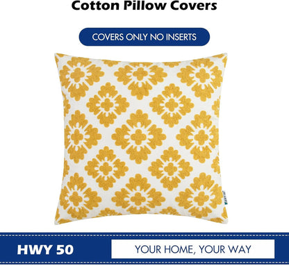 HWY 50 Mustard Yellow Decorative Throw Pillow Covers 18x18 Inch (1 Piece), Embroidered Cotton Farmhouse Cushion Cover Pillow Case for Sofa Couch Living Room Bed, Little Sunflower