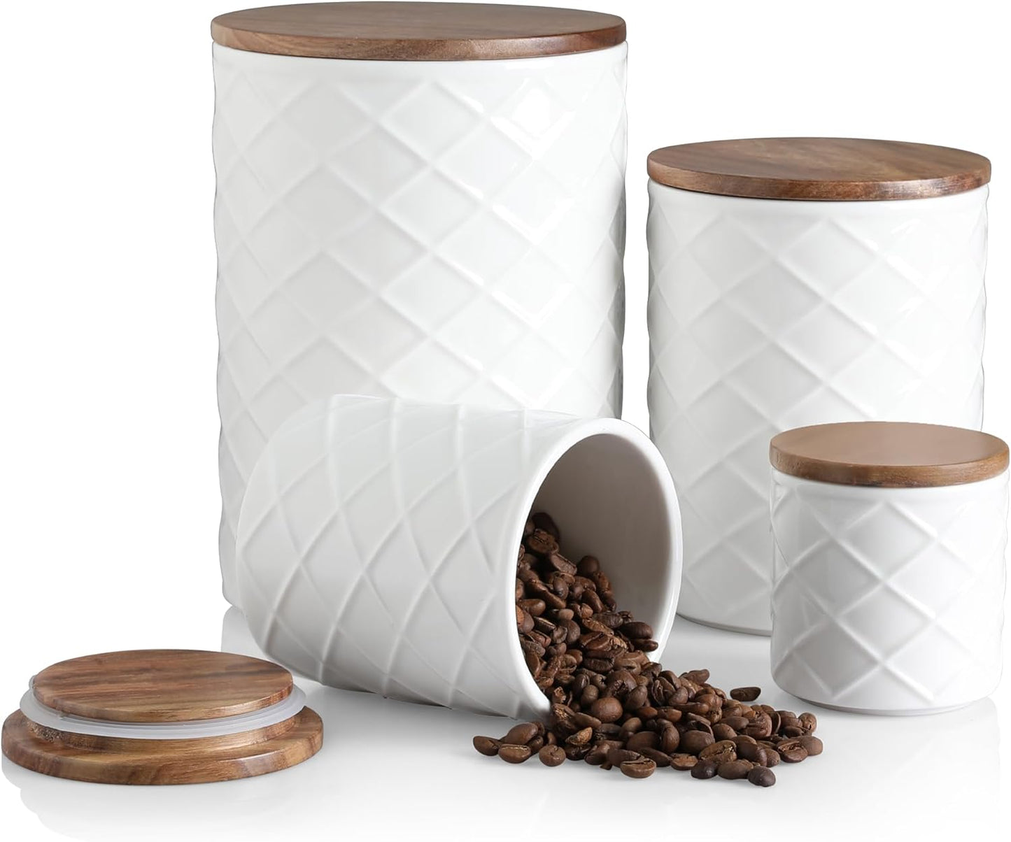 Sweejar Ceramic Canisters Sets for Kitchen Countertop, Relief Food Storage Jar with Bamboo Lid, Stackable Container for Flour, Coffee, Pasta, Cereal, Tea, Sugar, Spices, Pack of 4 (Walnut White)