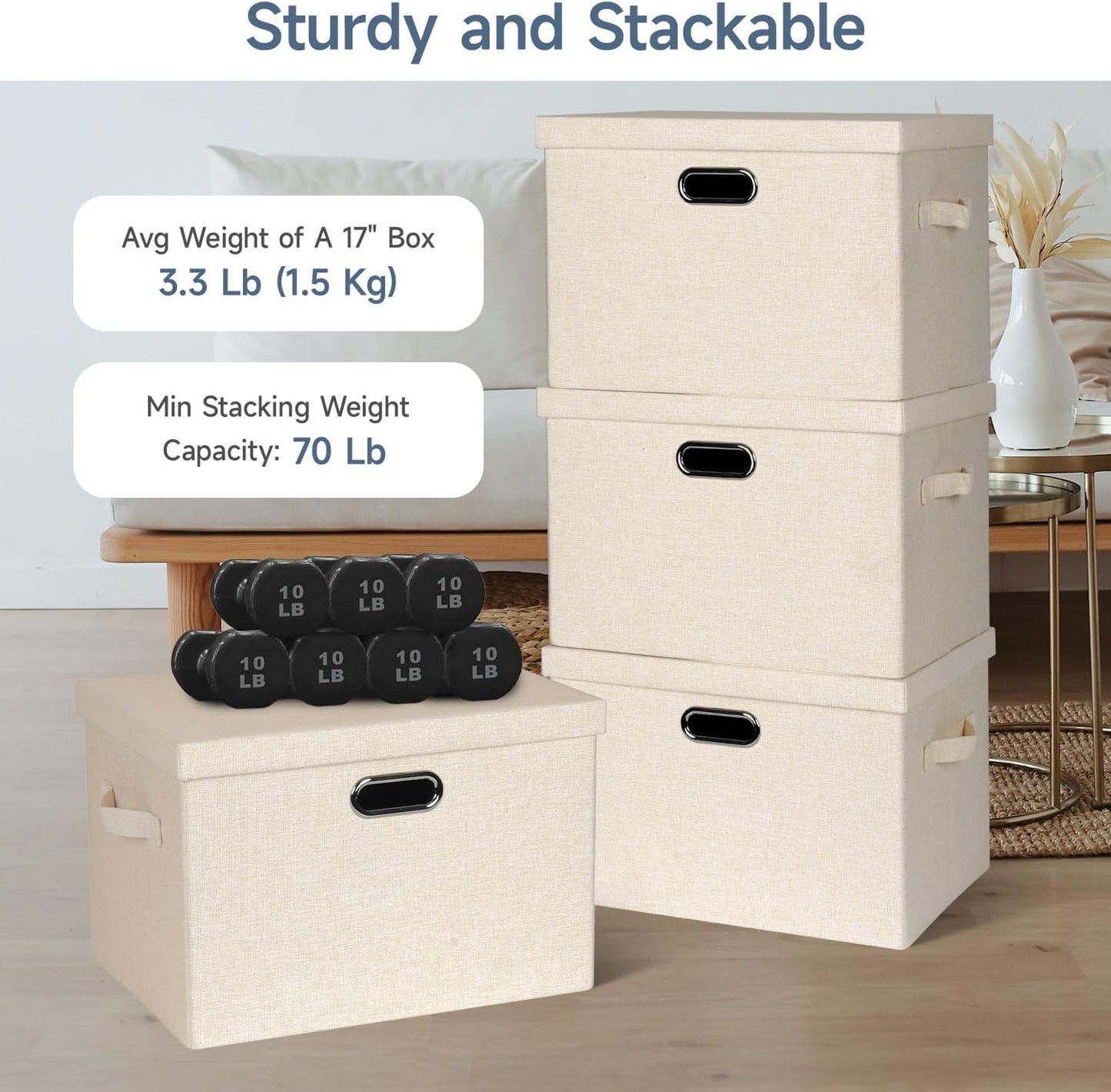 Large 17" 36 Quart Collapsible Stackable Storage Bins with Lids, 3 Packs Light Orange Linen Fabric Closet Boxes with Lids, Storage Cube Baskets Container Organizers for Office (17x12x11)