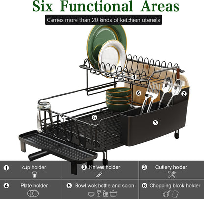 Runnatal Large Dish Drying Rack with Drainboard Set, Stainless Steel Detachable 2-in-1 Large-Capacity 2-Tier Over The Sink Anti-Rust Dish Rack and Dish Drainer for Kitchen Counter