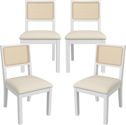 Westice Rattan Dining Chairs Set of 4, Farmhouse Natural Dining Room Chairs with Upholstered Cushion, Wood Armless Chairs for Kitchen/Restaurant, White
