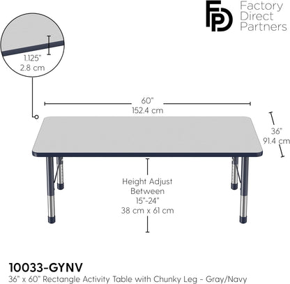 FDP Rectangle Activity School and Classroom Kids Table (36 x 60 inch), Toddler Leg, Adjustable Height 15-24 inches - Gray Top and Navy Edge