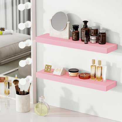 BAMEOS Pink Floating Shelves for Wall, 24" x 6" Wall Shelves for Room, Floating Book Shelves, Hanging Shelves for Bedroom, Bedroom, Living Room, Kitchen (Set of 2)