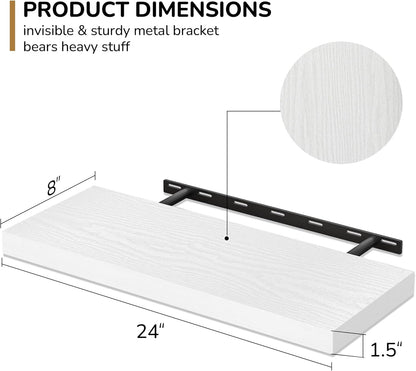Fun Memories 24 Inch Floating Shelves - Deep Rustic White Wooden Wall Shelves - Extra Deeper & Thicker Wall Mounted Storage Shelf for Bedroom, Kitchen, Farmhouse - 2 Pack, Rustic White