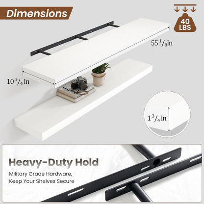 Heimlove 55 Inch Floating Shelves for Wall,10 Deep Large White Wall Shelf with Heavy Duty Brackets,Wall Mounted Storage & Display Shelves for Bedroom,Living Room,Kitchen,Office