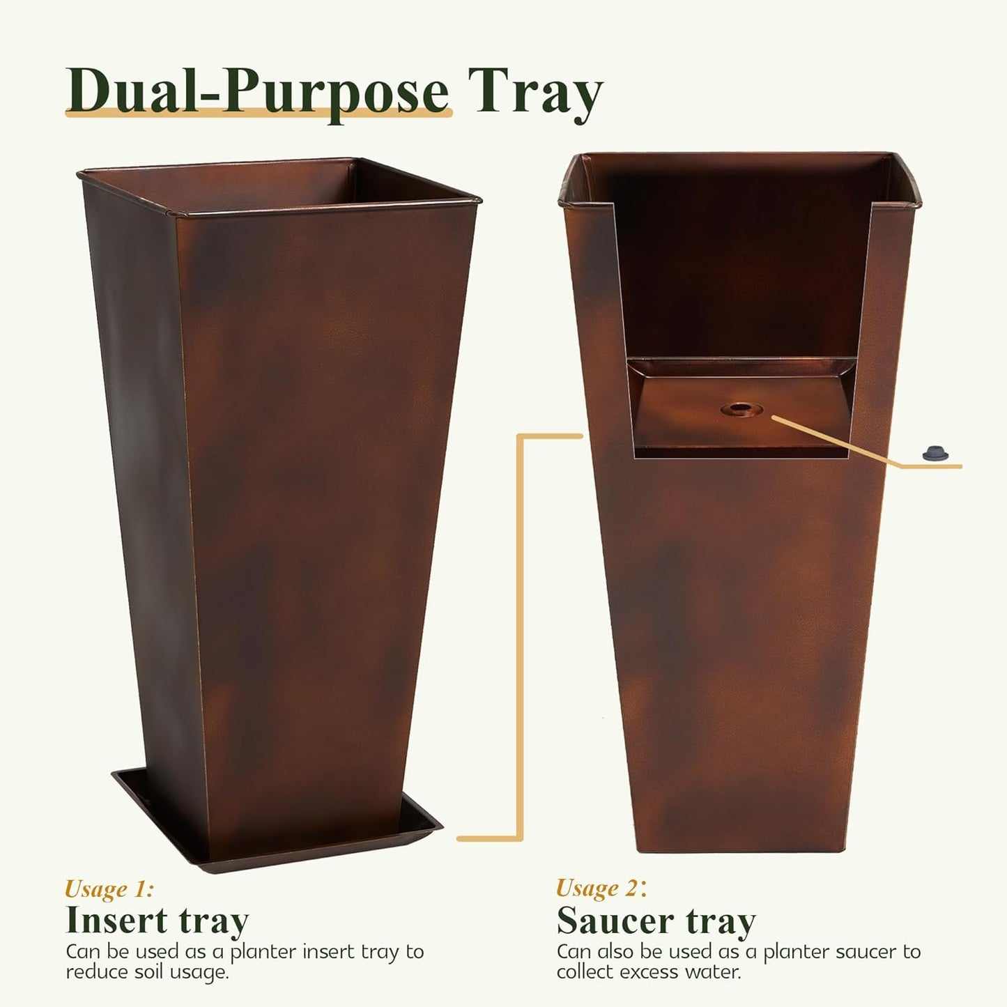 Worth Garden 12" Dia x 28" H Large Metal Planter Set of 2, Matte Bronze Retro Finish Tall Square Tapered Steel Plant Pots, Decor Flower Pots Indoor & Outdoor, Drainage Hole & Dual-Purpose Plant Saucer