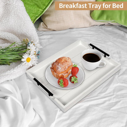 Coffee Table Tray - Large Ottoman Tray for Living Room - Wood Serving Tray with Handles(2 Sets) - Wooden Tray for Coffee Table, 4 Round Coasters Included, White