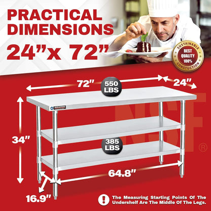 DuraSteel Food Prep Stainless Steel Table - 24 x 72 Inch Commercial Metal Workbench with Adjustable Under Shelf - NSF Certified - for Restaurant, Warehouse, Home, Kitchen, Garage