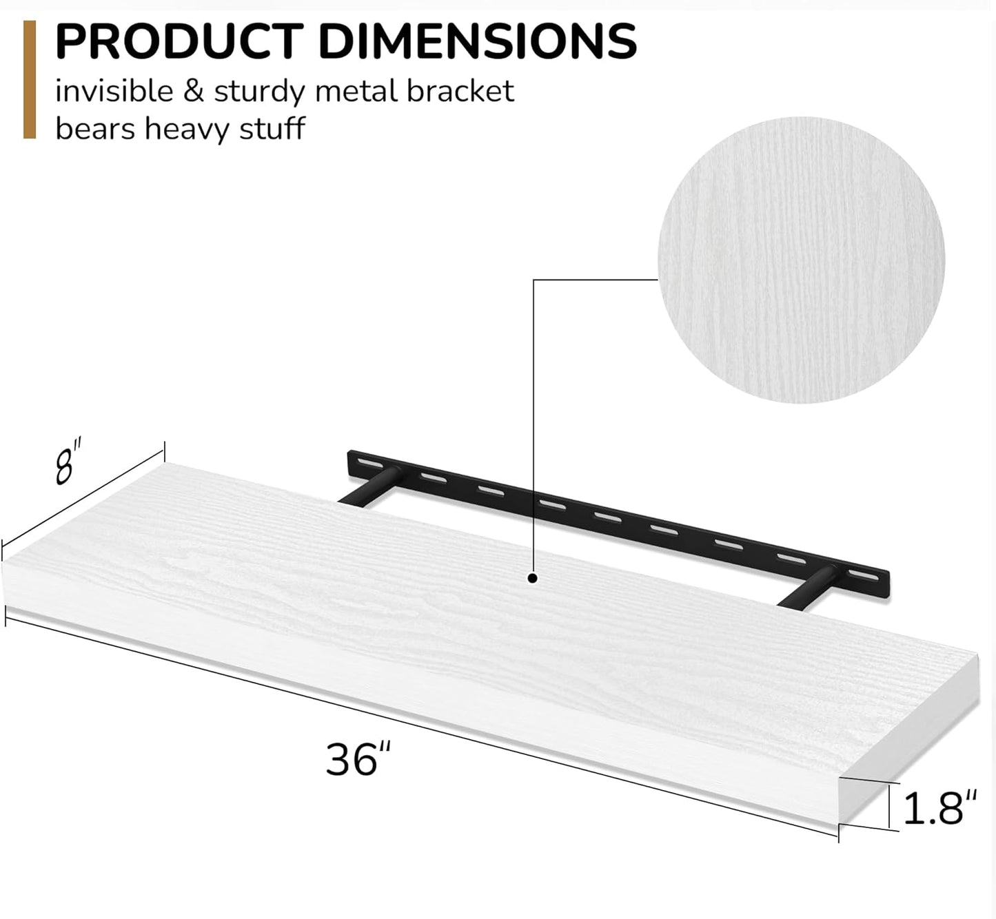 Fun Memories 36 Inch Floating Shelves - Deep Rustic White Wooden Wall Shelves - Extra Deeper & Thicker Wall Mounted Storage Shelf for Bedroom, Kitchen, Farmhouse - 2 Pack, Rustic White