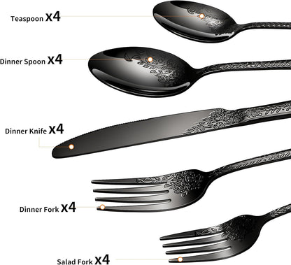 Floral 20 Pcs Black Silverware Set for 4, Food Grade Stainless Steel Flatware Set with Rose Flower Embossed Design, Eating Utensils Sets Include Fork/Knife/Spoon, Reusable Cutlery Set, Dishwasher Safe
