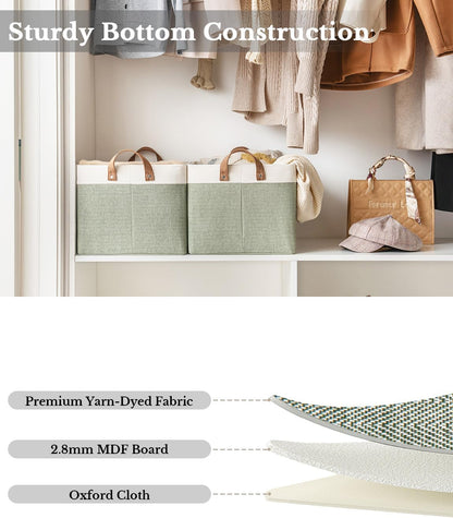 StorageWorks Storage Bins, Fabric Storage Bins for Shelves, Extra Large Storage Baskets with Metal Frame, Closet Baskets and Bins with Handles, Jumbo, Green and White, 2-Pack