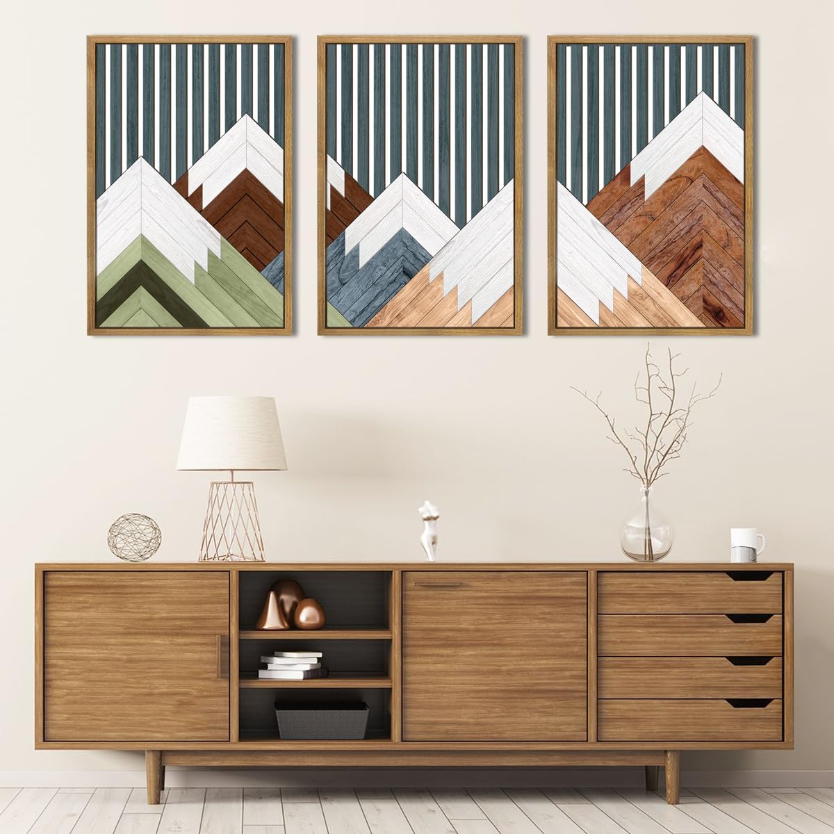 DRACIT Large Woodcut Mountain Wall Art Set Abstract Boho Forest Wood Wall Decor Nature Blue Art Decor Modern Geometric Wooden Wall Sculptures for Living Room Bedroom Office-16x24Inchx3