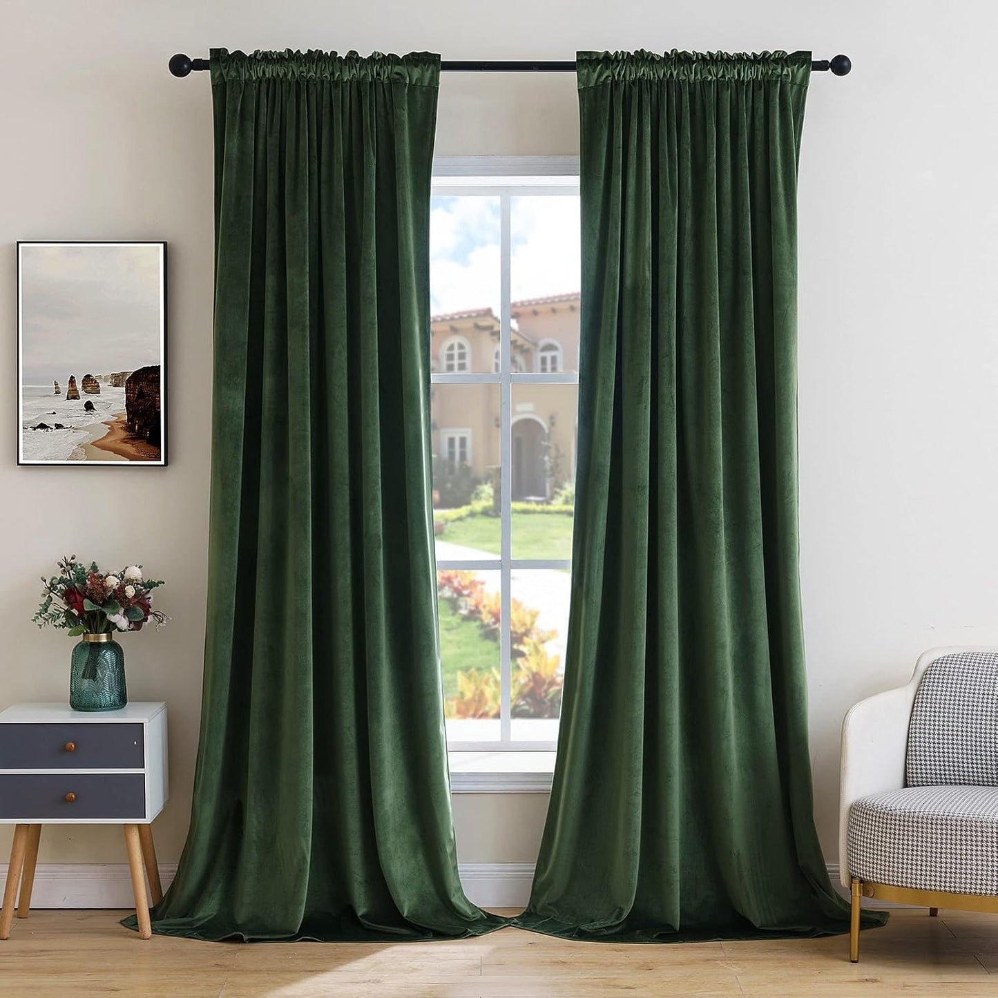 MIULEE Olive Green Velvet Curtains Thermal Insulated Blackout Curtain Drapes for Bedroom Living Room Darkening 90 Inches Long Curtains Panels Rod Pocket Set of 2