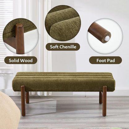 Green Upholstered Bench Modern End of Bed Bench Chenille Fabric Bedroom Bench for Entryway Living Room Vanity Makeup Room, 47" Long, Wooden Legs