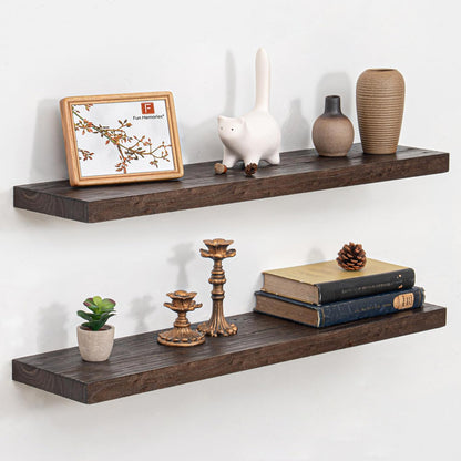 Floating Shelves for Wall, 32" Flat Edge Solid Elm Wood Floating Shelf, Wall-Mounted Display Shelves with Invisible Heavy-Duty Metal Bracket, Floating Shelf for Kitchen (Wanlut, Set of 2)