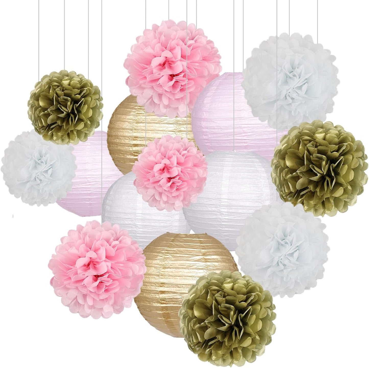 Pink Gold Party Decorations, Pink Gold Paper Lanterns and Pom Poms Flowers for Birthday Party Baby Showers Engagement Tea Party Decor 15PCS
